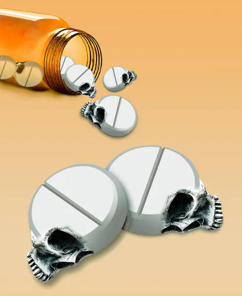 stock image Fentanyl pills shaped like human skulls spill out of a pill bottle in this 3-d illustration about the fatal dangers of fentanyl poisoning..