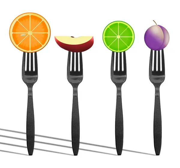 stock image Fruits that are healthy food choices are seen on forks in a 3d illustration.