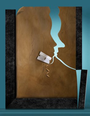 Cosmetic surgery, specifically, plastic surgery to reduce the size of a nose is illustrated here with a profile of a human face being cut in paper with a razor in a 3-d illustration. clipart