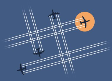 Busy air traffic is illustrated with jet airliners crossing vapor trails that follow the planes in an illustration. clipart