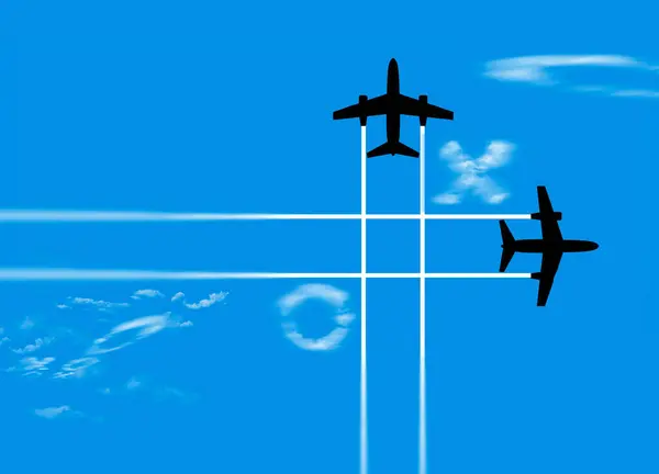 stock image Contrails from jet airliners cross and form a tic tac toe grid with clouds looking like Xs and Os as they drift into the game grid  in a 3-d illustration.