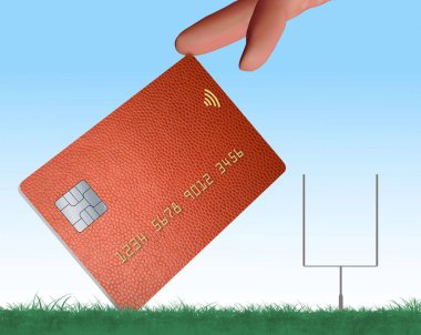 Sports betting is the topic of this 3-d illustration. A credit card with a leather texture design like a football is about to be kicked through the goal posts. Bets online and credit cards. clipart