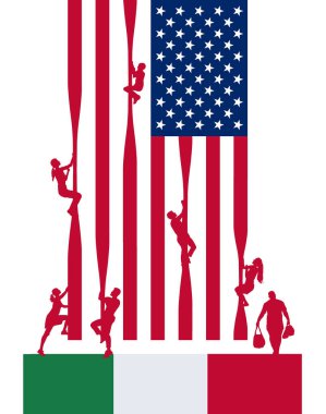 İnsanlar sınırı geçmek umuduyla bir Amerikan bayrağına tırmanıyor. Yolculuklarına aşağıdaki Meksika bayrağından başladılar. Bu, ABD 'ye yasadışı göçle ilgili 3 boyutlu bir illüstrasyon..