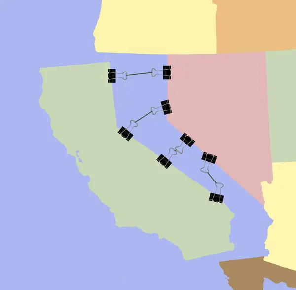 stock image Paper clips or paper clamps save California from falling into the ocean after the big earthquake. This is a 3-d illustration about the dangers of earthquakes in the western USA.