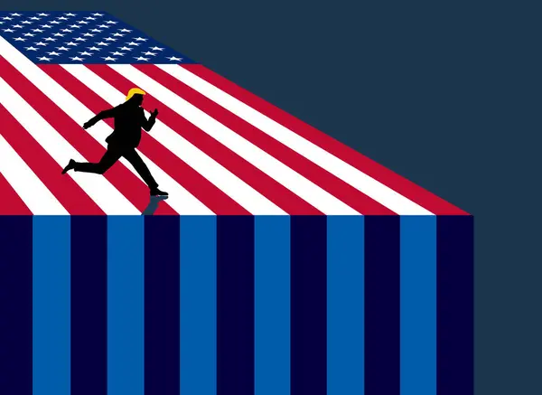 stock image A candidate is seen running on an American flag toward a steep drop off. This candidate with yellow hair is possibly Donald Trump. This is a 3-d illustration.