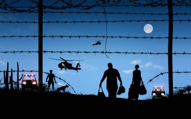 ABD ve Meksika sınır kurgu sahnesi. Bagajlı bir adam ve kadın, ABD sınır kontrol helikopterleri ve ajanları tarafından görüldü. Dikenli tellerden içeri girdiler.. 