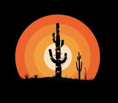 A saguaro cactus in the desert is decorated like a Christmas tree in a 3-d illustration about celebrating the Xmas holiday in the western USA. The scene is set at sunset. clipart