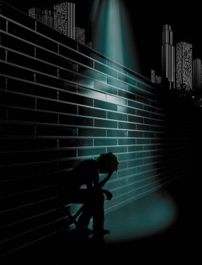 A woman is seen with her head down and under a street light in an urban setting. This is a 3-d illustration about mental health, homeless living and drpression. clipart