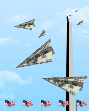 A figure atop the Washington Monument throws one hundered dollar bills foled into paper airplanes from the top of the monument. This is a 3-d illustration about money being tossed around carelessly in Washington DC. clipart