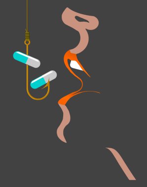 A woman is seen with her mouth open as two pill capsules and a fish hook fly toward her mouth in this 3-d illustration about taking medications and becoming addicted. clipart