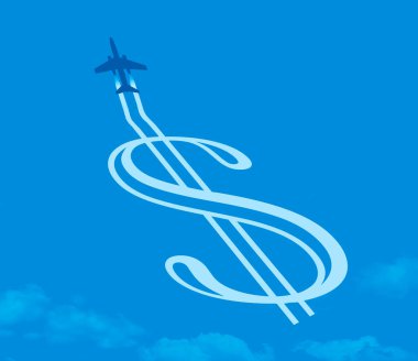 Gökyüzünde bir jet uçağı, uçak biletleriyle ilgili bir resimde dolar işaretine benzeyen bir buhar izi bırakır..