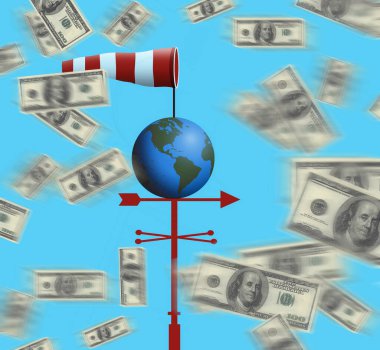 Rüzgarın dünya ekonomisinde hangi yönden estiği rüzgarın nereden geldiği de rüzgarın geldiği gibi rüzgarda uçuşan yüz dolarlık banknotlarla resmedilir. Bu 3 boyutlu bir çizim..
