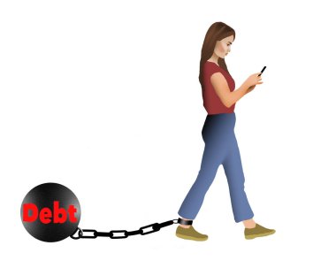 Debt and money problems is a ball and chain on the ankle of this young woman in a 3-d illustration. clipart