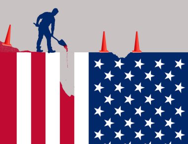 Amerikan bayrak yıldızları ve çizgileriyle sembolize edilen Amerika 'yı düzeltmek için çalışan bir adam. Bu, ABD 'nin politika, göç ve ekonomideki sorunları hakkında bir illüstrasyon..