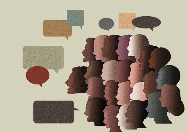 Люди говорят на этой 3-мерной иллюстрации о группе людей, использующих свои голоса, чтобы добиться перемен.