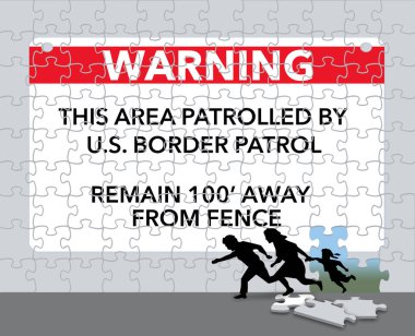 A family makes a dash to enter America by breaking through a USA-Mexico border warning sign jigsaw puzzle. clipart