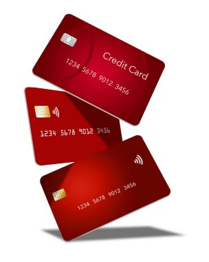 Finans ve bankacılık ile ilgili 3 boyutlu bir illüstrasyonda üç kırmızı kart veya bankamatik kartı istiflenmiş olarak görülüyor. 
