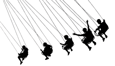 İnsanlar bir fuarın ortasında şeffaf bir arka planda bir illüstrasyonda görülürler..