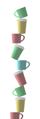 Pastel renkli, kapaklı kahve fincanları kahve ve kahve dükkanlarıyla ilgili bir resimde yığılmış..