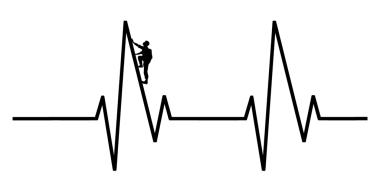 Kaya tırmanışçısı, kalp için iyi olduğunu gösteren bir resimde EKG diyagramında yukarı doğru yükselir ve dik bir dalga oluşturur..