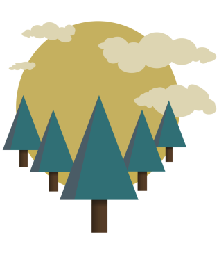 Çam ağaçları, günbatımı, kazlar ve bulutlar beyaz bir arka planda izole edilir..