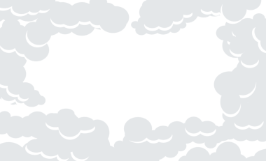 White fluffy clouds surround an opening that reveals clear blue sky where graphic elements or text may be placed.  This is an illustration on a transparent background.