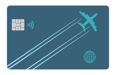 The image of an airliner leaves a contrail design across the face of an air miles reward credit card in this illustration about perks for air travelers. This is a 3-d illustration.