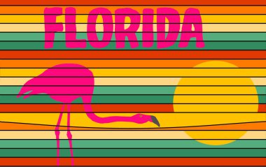 Flamingo ve gün batımlı Florida turizm tabelası bu üç boyutlu resimde bir duvarda görülüyor..