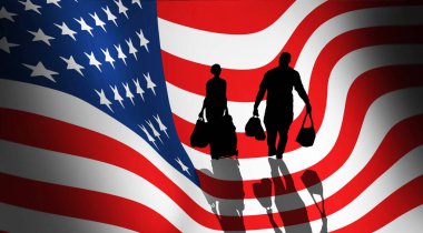 Bagajlı bir adam ve kadın, Amerika 'ya bir resimle geliyorlar. Karanlıktan aydınlık bir şekilde ABD bayrağına doğru yürüyorlar. Bu 3 boyutlu bir çizim..