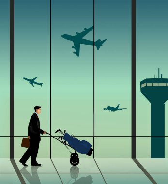 Bir iş gezgini, bir adam çantasını taşır ve golf sopalarını havaalanından iş seyahatiyle ilgili 3 boyutlu bir resimle geçirir..