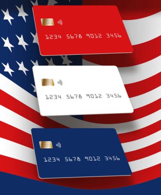 Kırmızı, beyaz ve mavi kredi kartları Amerikan kredi ve ABD bankacılığı hakkında 3 boyutlu bir ilanda Amerikan bayrağıyla görüldü..