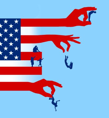 Göçmenler, ABD 'den sınır dışı edilip sınır dışı edilirken görülüyor ve kendi başlarının çaresine bakmak için Amerikan bayrağından atılıyorlar. Bu 3 boyutlu bir çizim..