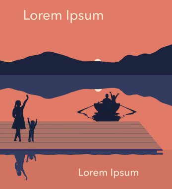 Dört kişilik bir ailenin gün batımında göl taşrasında yaz tatilinin tadını çıkardığı görülüyor. Bu 3 boyutlu bir çizim.