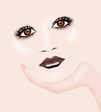 Çenesi ellerinde bir kızın sanat eserleri burada görülüyor. Onun kahverengi gözleri ve koyu kırmızı dudakları var. Bu 3 boyutlu bir çizim..