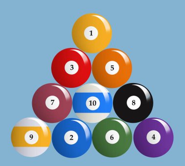 Bu 3 boyutlu resimde bilardo topları 10 kişilik bir oyun için kullanılıyor.