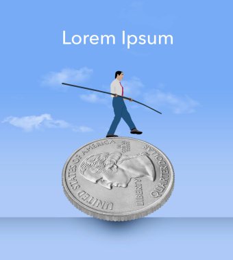 Ekonomik belirsizlik, yuvarlanan bir ABD sikkesi üzerinde duran bir adamın dengesini korumaya çalışmasıyla ortaya konur. Bu 3 boyutlu bir çizim.,
