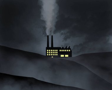 Geceleyin yoğun bir endüstriyel fabrika parlıyor ve sanayi ve hava kirliliği hakkında 3 boyutlu bir ilüstrasyonla bacalardan duman çıkıyor. Bu 3 boyutlu bir çizim.