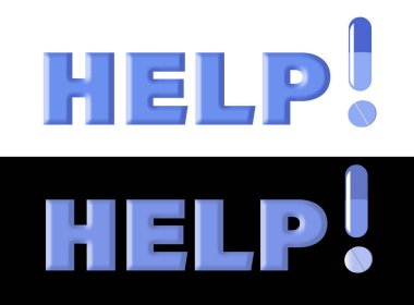 Yardım savunmadır ve ünlem işareti de ilaç kapsülü ve haptan yapılır. Tema, tıbbi bir sorunu tedavi etmek ya da uyuşturucu bağımlılığı konusunda yardım almak..