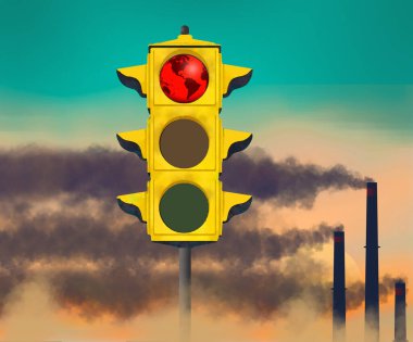 Bir dünya küresi, hava kirliliğini durdurmakla ilgili 3 boyutlu bir illüstrasyonda trafik ışıklarının yerini aldı.