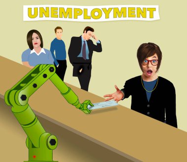 Robotik bir kol işsizlik bürosundaki bir çalışanın yerine geçiyor ve ironik bir şekilde işsiz ve şaşkın bir kadına işsizlik çekini dağıtıyor. Bu yapay zeka, robot bilimi ve diğer teknolojilerle ilgili 3 boyutlu bir illüstrasyon.