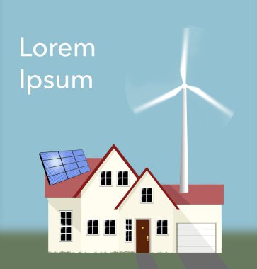 Bir ev, evler için alternatif enerji kaynakları hakkında 3 boyutlu bir illüstrasyonda güneş paneli ve rüzgar türbini ile görülmektedir..