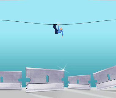 Çaresiz bir adam, imkansız durumlarla ilgili 3 boyutlu bir resimde jilet tarlasının üzerinde bir kabloya tutunur ve başını belaya sokar..