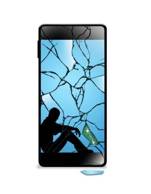Duygusal çöküntüye uğramış bir adam kafasını sallar ve üç boyutlu bir resimde parçalanmış bir cep telefonu ekranında duygular ve zorluklarla başa çıkma üzerine görünür..