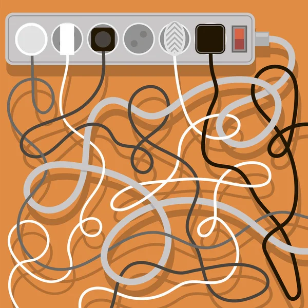 橙色背景的电线和充电器 几根延长线上的一堆电缆 电缆管理 — 图库矢量图片