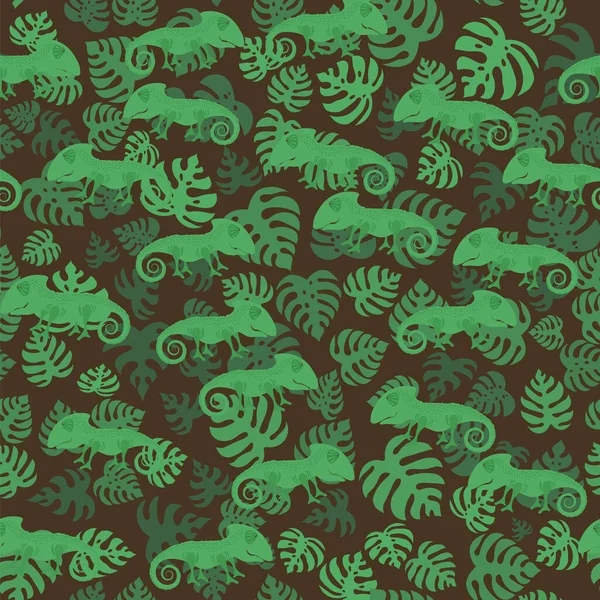 緑のカメレオンとモンステラの葉は茶色の背景に隔離されています 熱帯のシームレスなパターン — ストックベクタ
