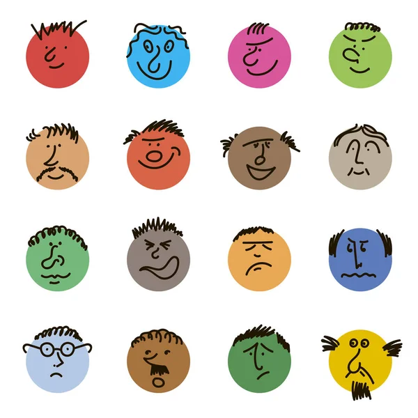 色の人形の頭 様々な感情を持つ丸い漫画の顔 クレヨン ドローイング スタイル 異なるカラフルな文字 漫画風の人々 手描きのトレンディーなイラスト 平面設計円 — ストックベクタ