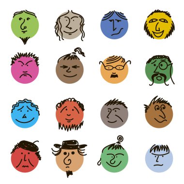 Renkli Doodle Heads. Çeşitli Duyguları Olan Yuvarlak Çizgi Yüzler. Boya kalemi çizimi. Farklı renkli karakterler. Çizgi film tarzı insanlar. El çizimi moda illüstrasyon. Düz dizayn çemberleri.