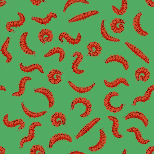 Red Cartoon Caterpillars Seamless Pattern Isolated Green Background 곤충은 귀여운 — 스톡 벡터