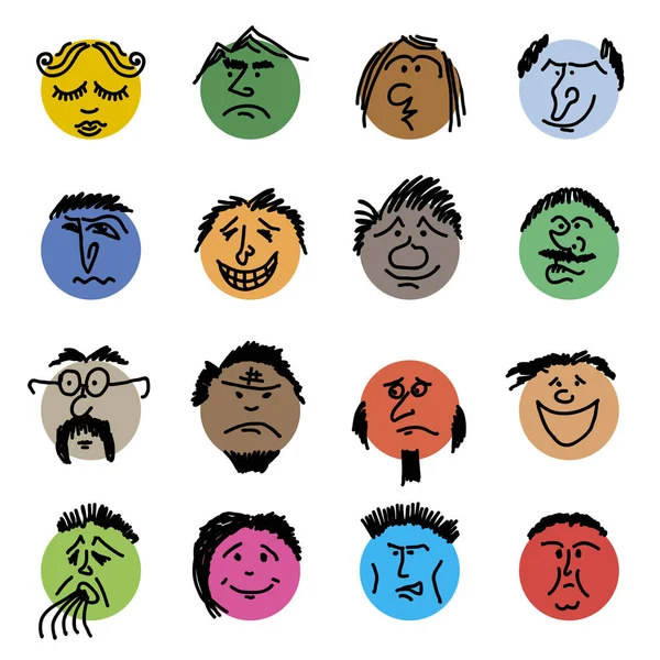 Έγχρωμες Κεφαλές Στρογγυλή Κωμικά Πρόσωπα Διάφορα Συναισθήματα Στυλ Σχεδίου Κραγιόν — Διανυσματικό Αρχείο