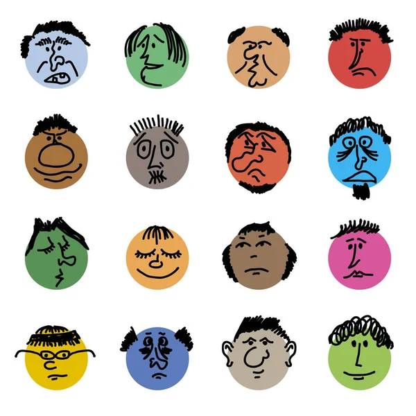 Colored doodle Heads. Round comic faces with various emotions. Crayon drawing style. Different colorful characters. Cartoon style people. Hand drawn trendy illustration. Flat design circles.